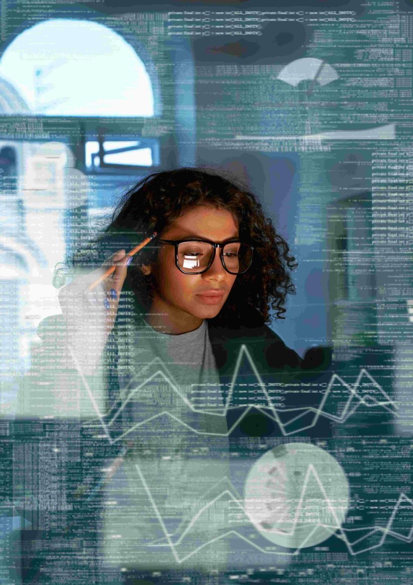 young woman is thinking about the statistics and doing some big data analysis